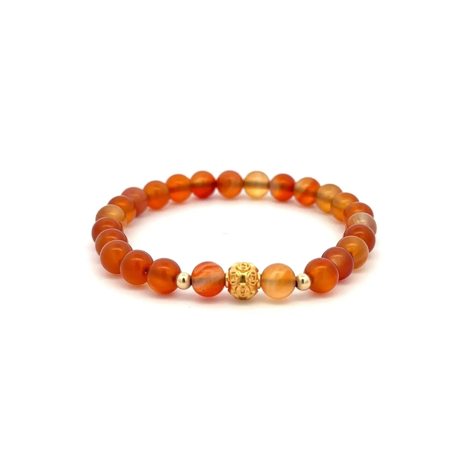 18K Gold Money Ball Lucky Charm Beads Bracelet Gemstones Carnelian 6mm