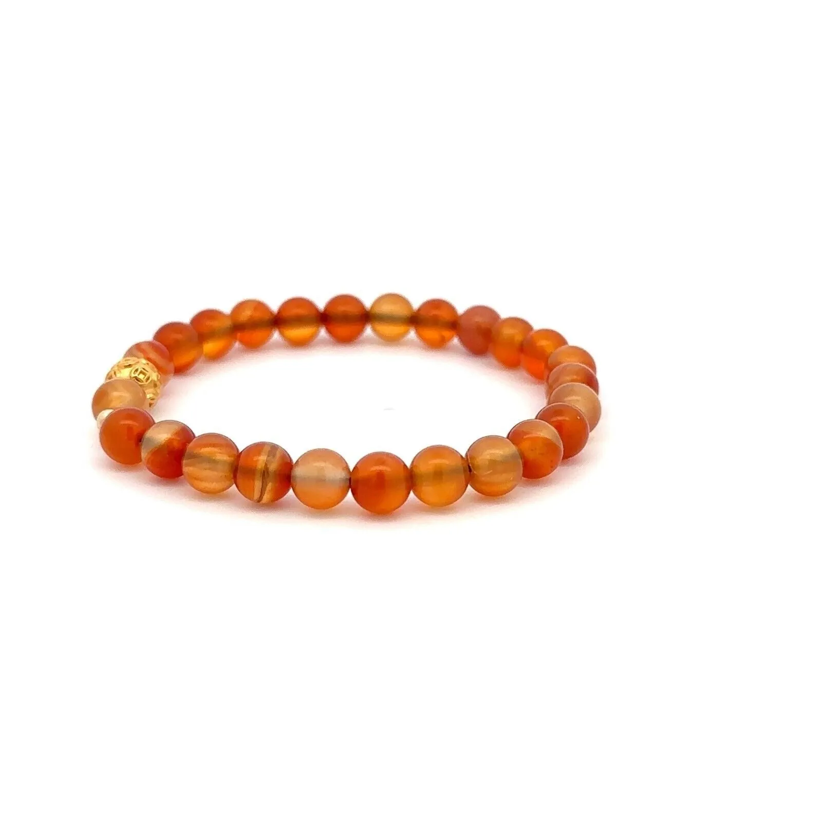18K Gold Money Ball Lucky Charm Beads Bracelet Gemstones Carnelian 6mm