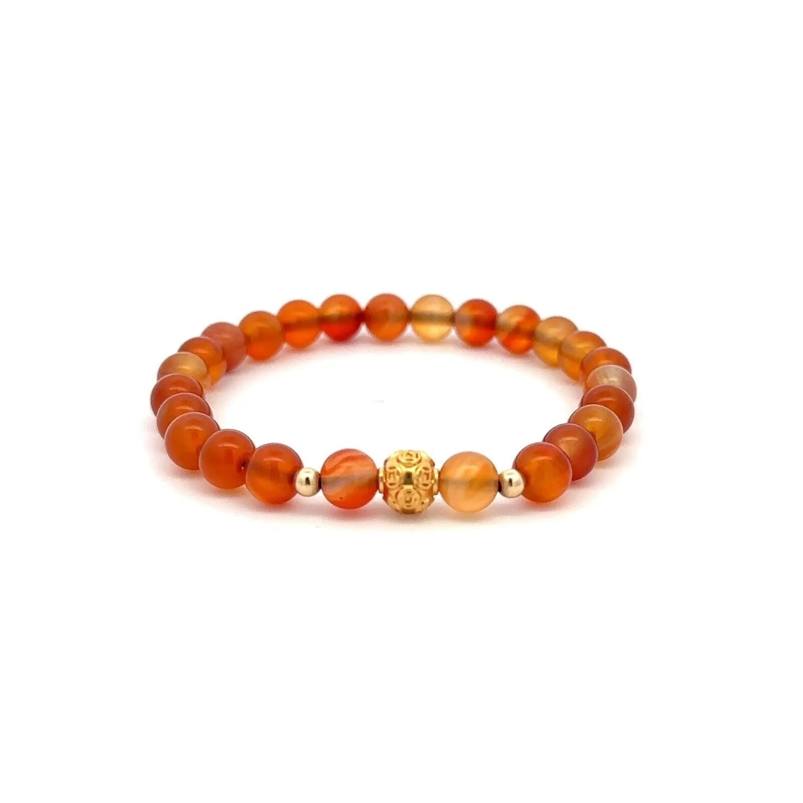 18K Gold Money Ball Lucky Charm Beads Bracelet Gemstones Carnelian 6mm