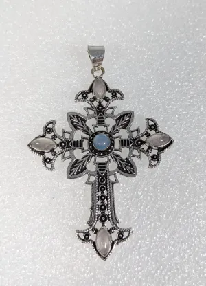 925 Sterling Silver, Rose Quartz & Moonstone 2.7"Cross