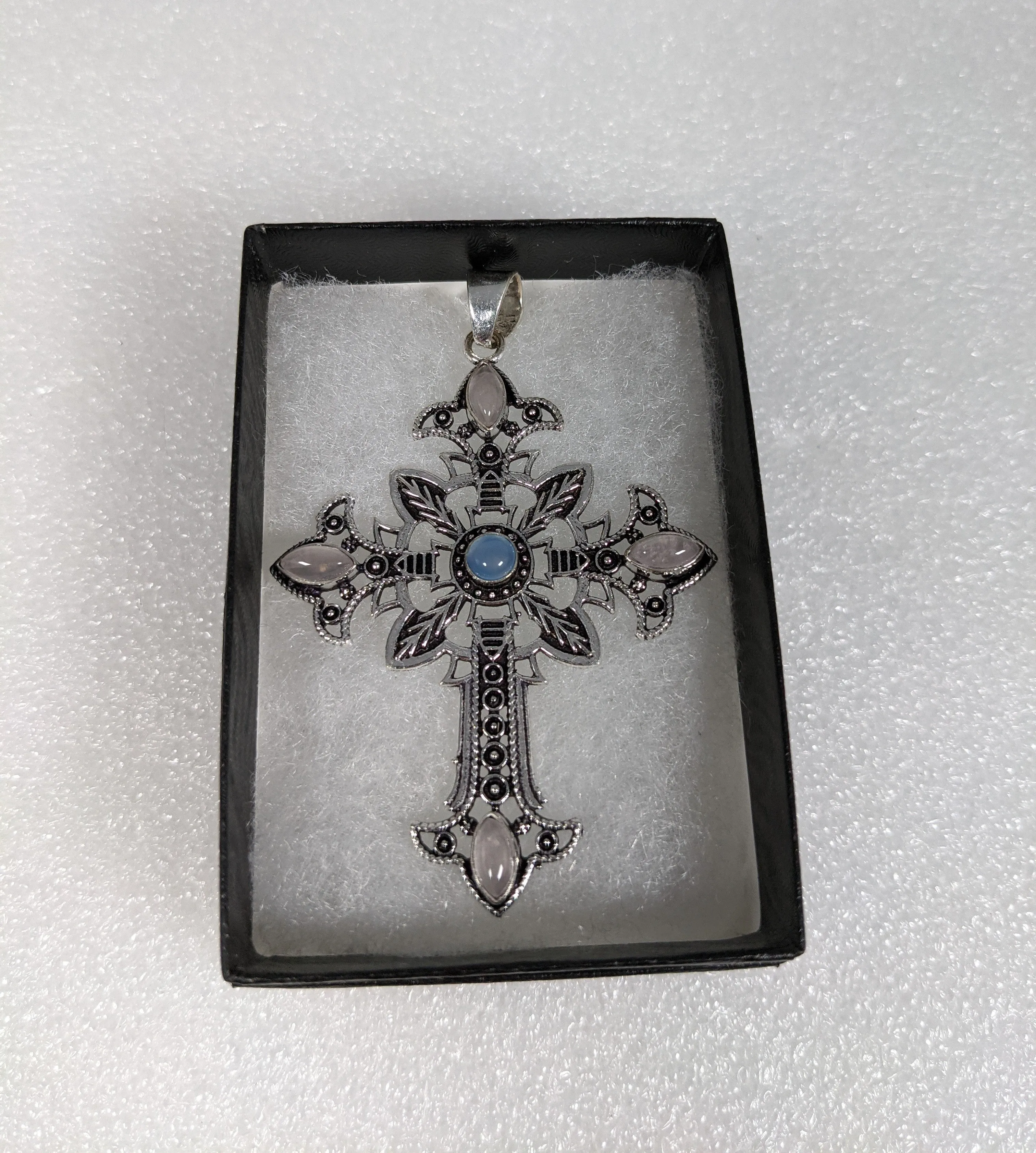 925 Sterling Silver, Rose Quartz & Moonstone 2.7"Cross