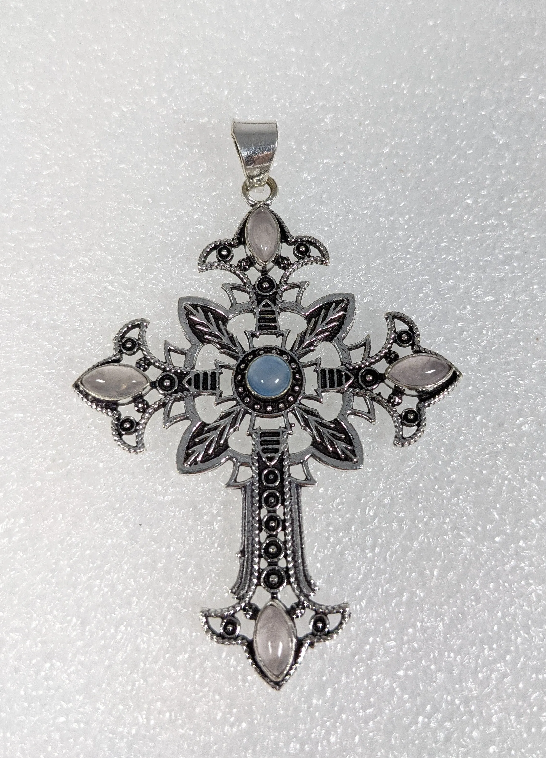 925 Sterling Silver, Rose Quartz & Moonstone 2.7"Cross