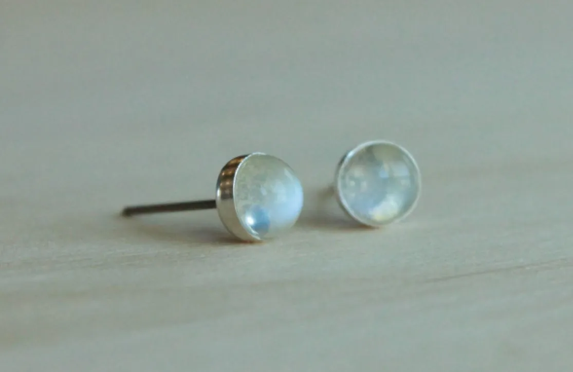 Adularia (Blue Flash Ceylon Moonstone) Bezel Gemstones, Large (Niobium or Titanium Post Earrings)