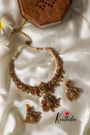 Antique Coral Lakshmi Necklace-Golden Beads  NC1181
