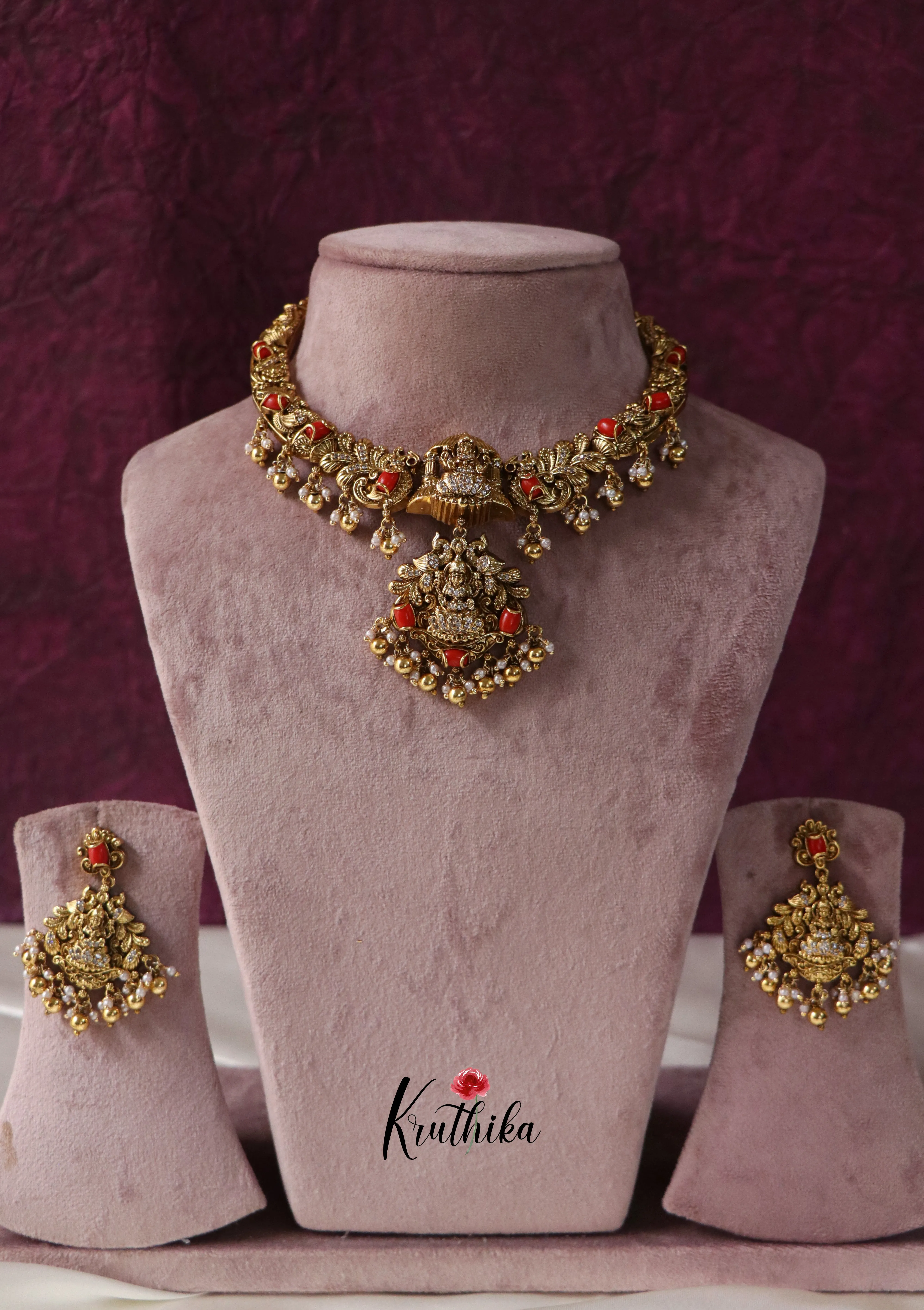 Antique Coral Lakshmi Necklace-Golden Beads  NC1181