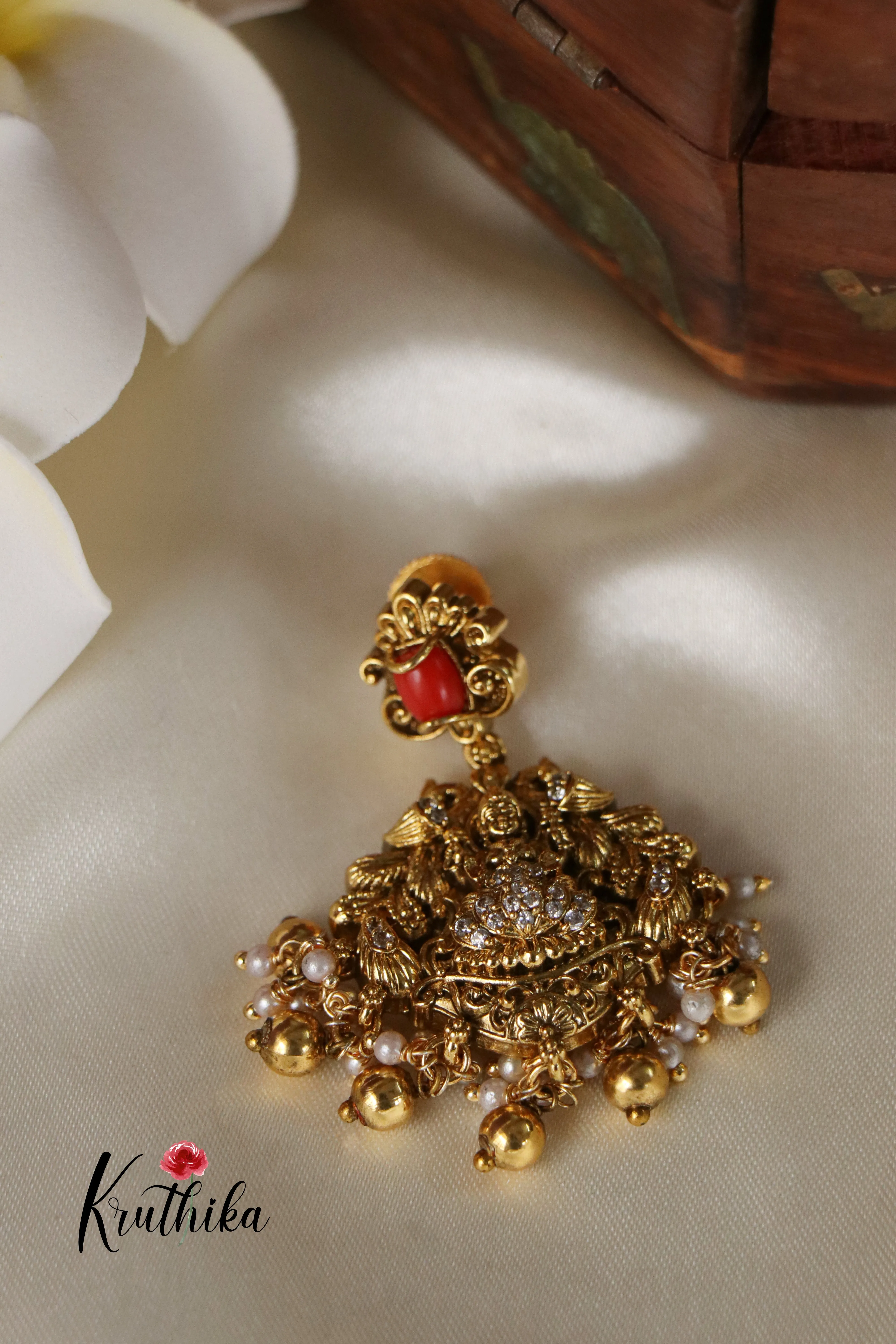 Antique Coral Lakshmi Necklace-Golden Beads  NC1181