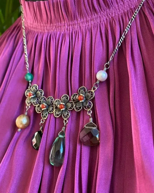 Aqua Blossom multi color gemstone necklace