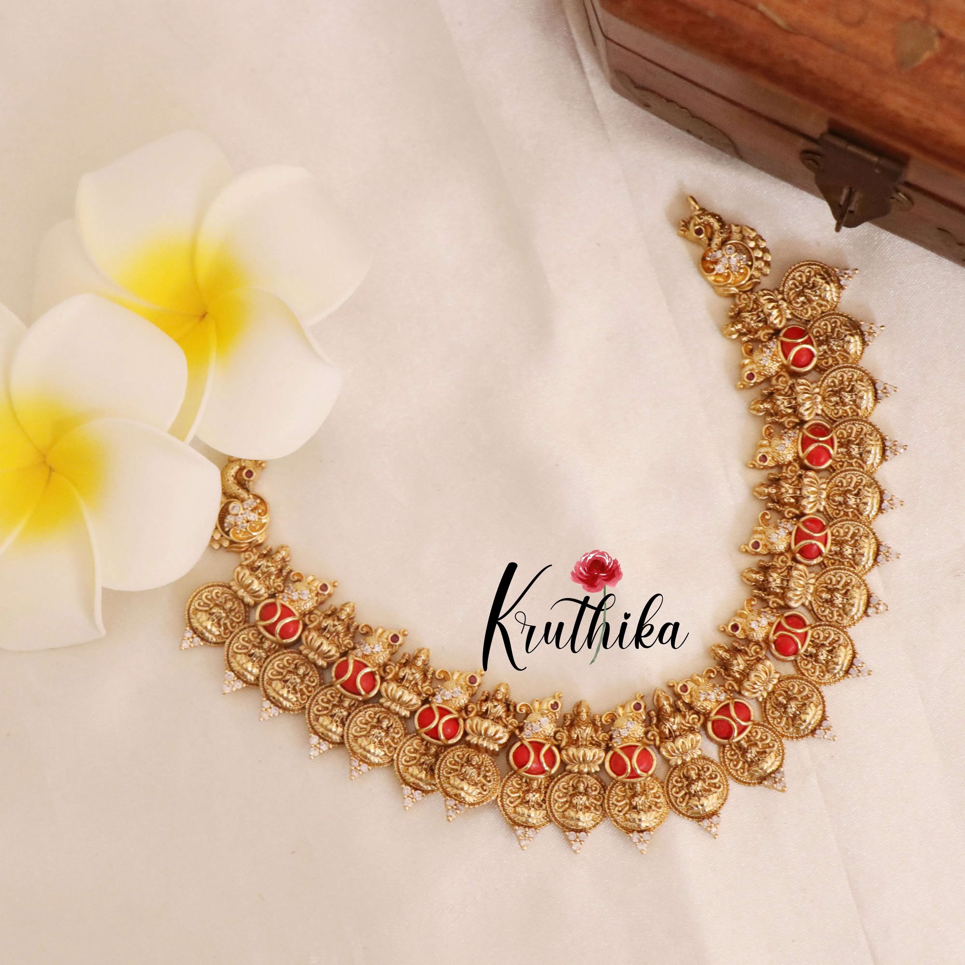 Beautiful Kasu Lakshmi Coral Necklace with jhumkas NC1793