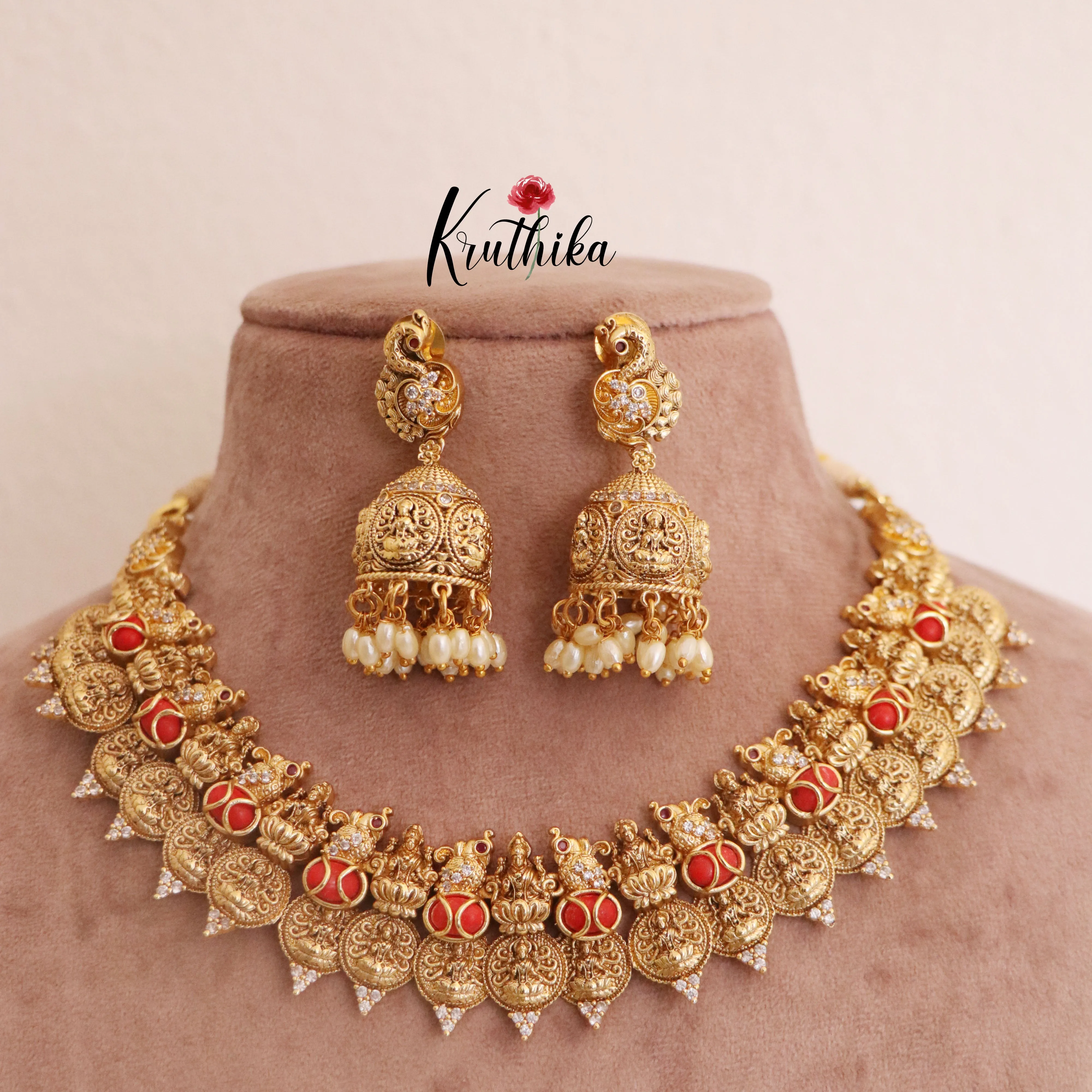 Beautiful Kasu Lakshmi Coral Necklace with jhumkas NC1793