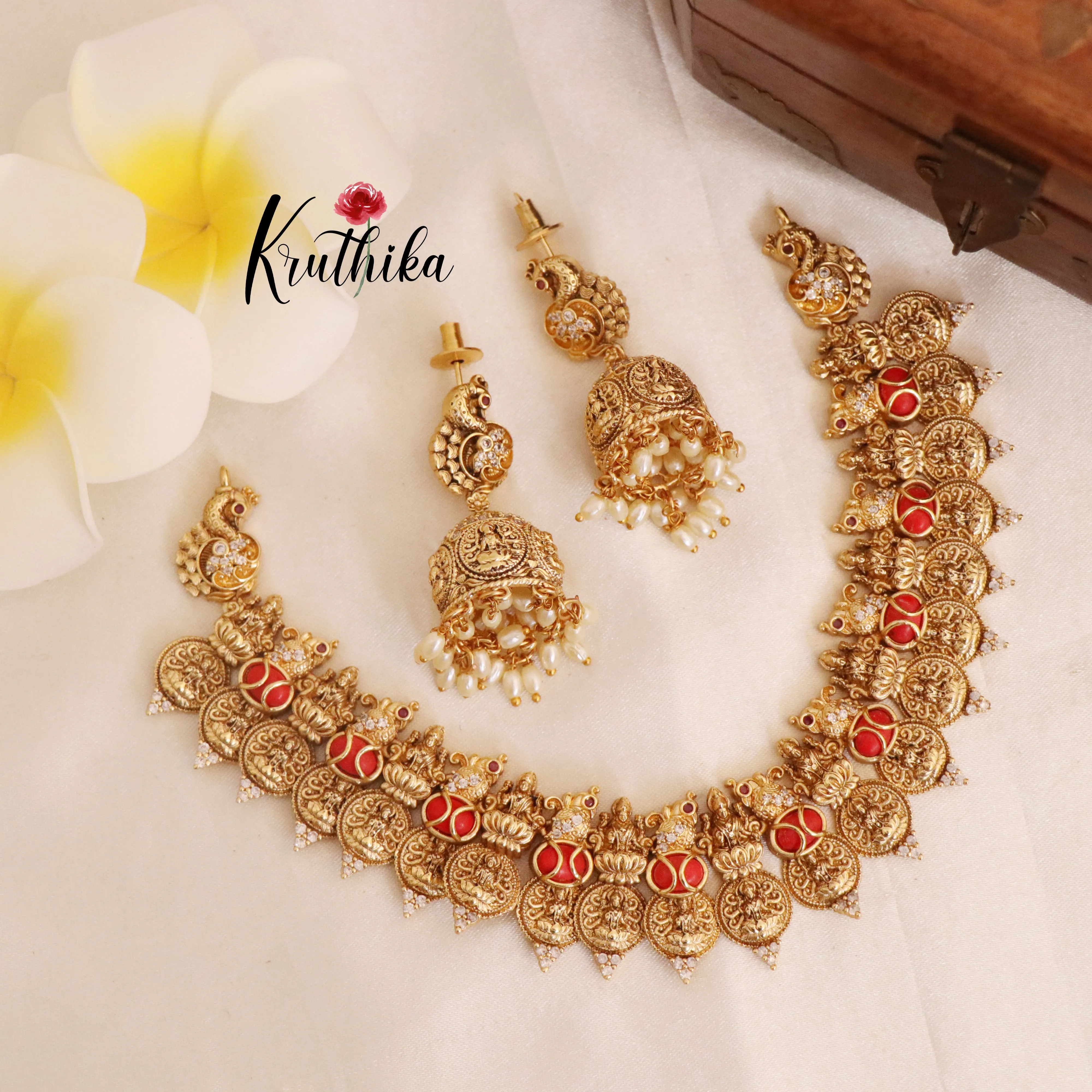 Beautiful Kasu Lakshmi Coral Necklace with jhumkas NC1793