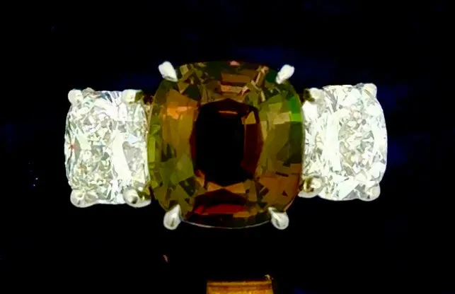 Estate Oscar Heyman 7.02 ct Alexandrite No Heat (Gubelin) 3.09 cttw Diamonds (GIA VS E) 3-Stone Platinum Ring 15615