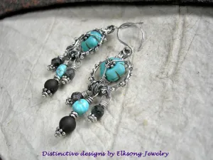 Grounded Turquoise & Smoky Quartz Earrings, Chandelier Style