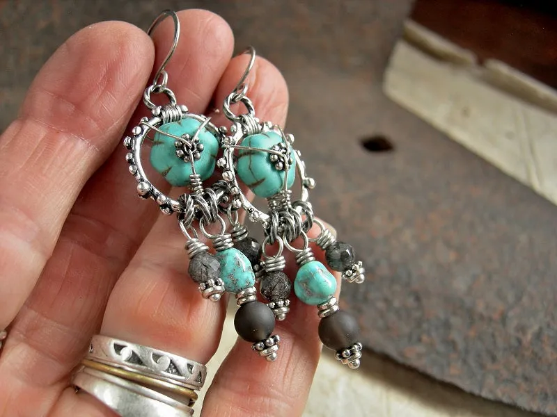 Grounded Turquoise & Smoky Quartz Earrings, Chandelier Style