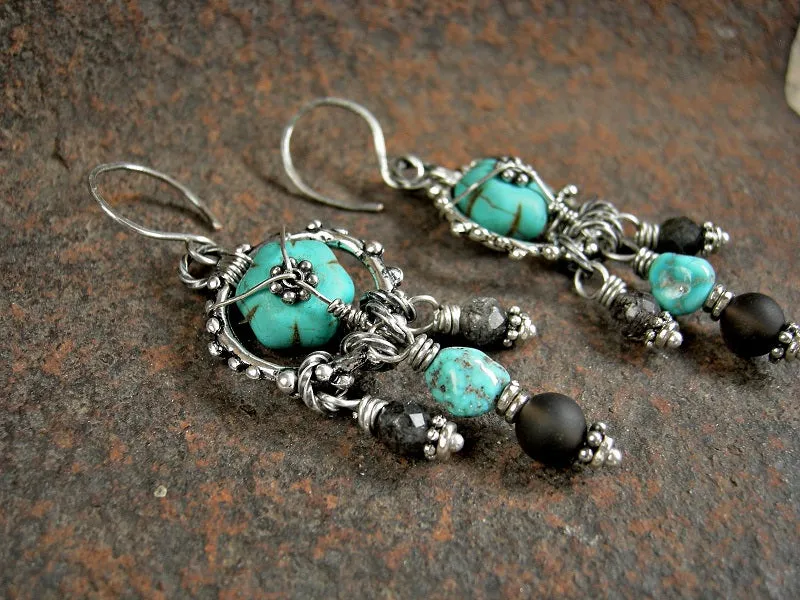 Grounded Turquoise & Smoky Quartz Earrings, Chandelier Style