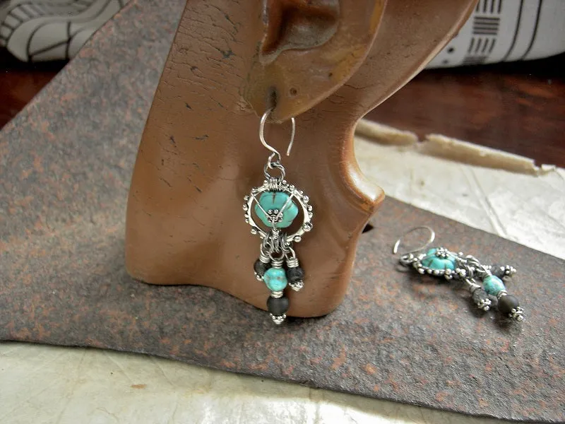 Grounded Turquoise & Smoky Quartz Earrings, Chandelier Style
