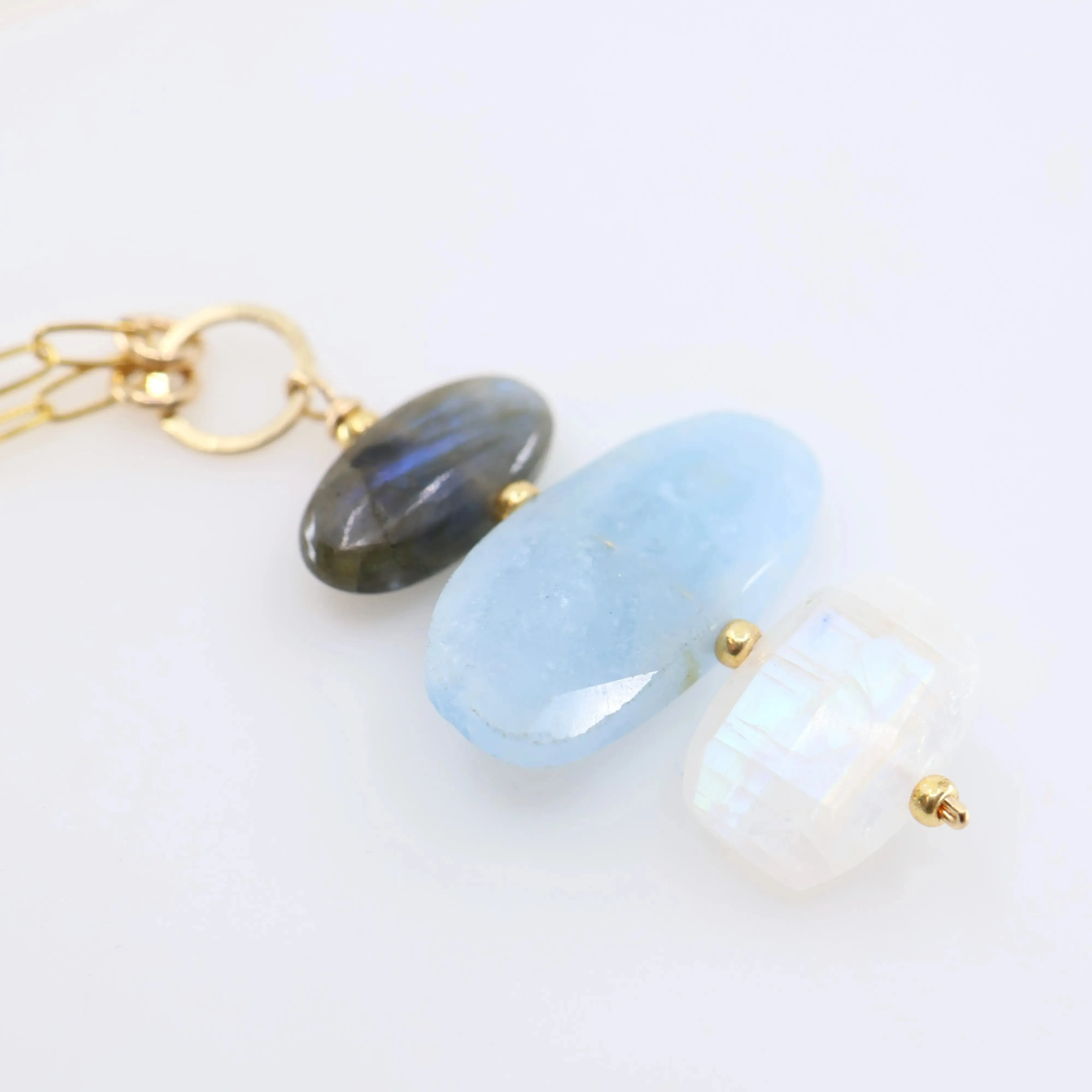 Milky Aquamarine, Rainbow Moonstone and Labradorite Pendant Necklace