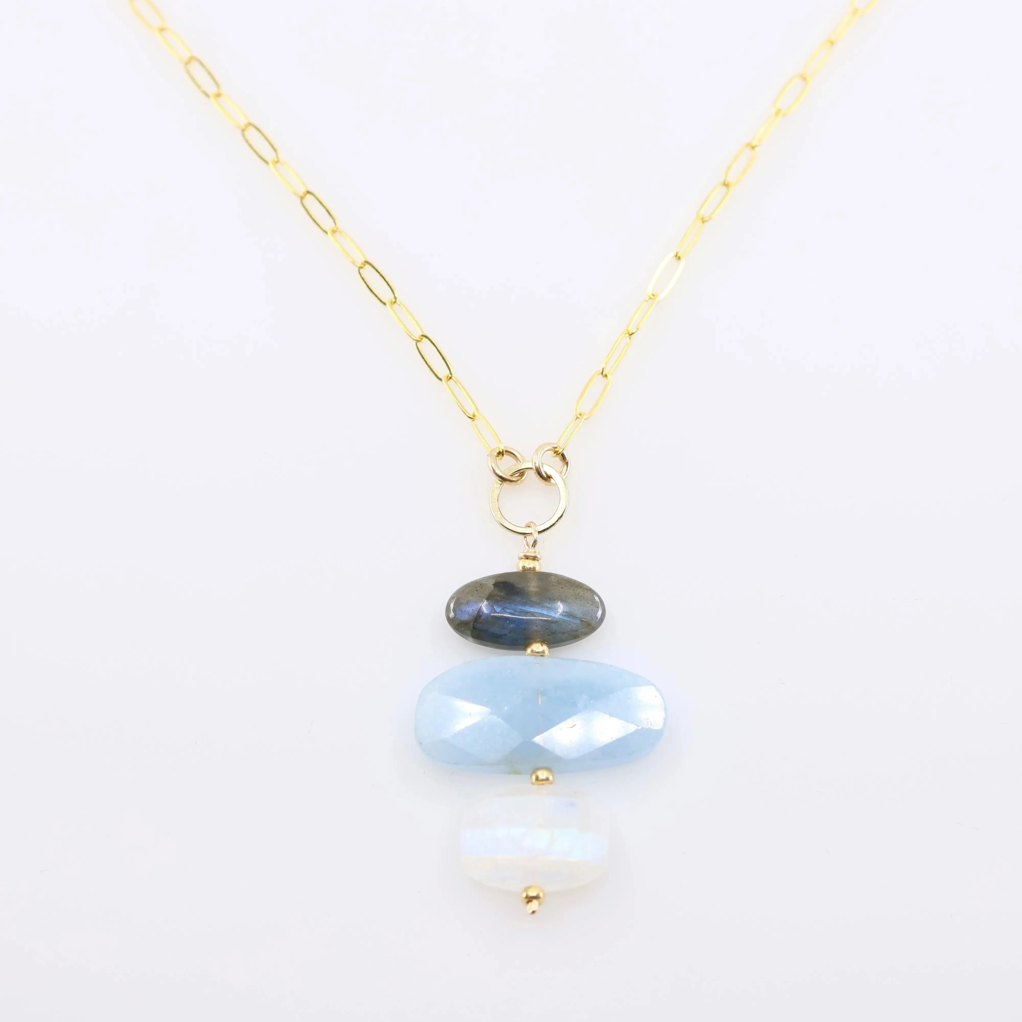 Milky Aquamarine, Rainbow Moonstone and Labradorite Pendant Necklace