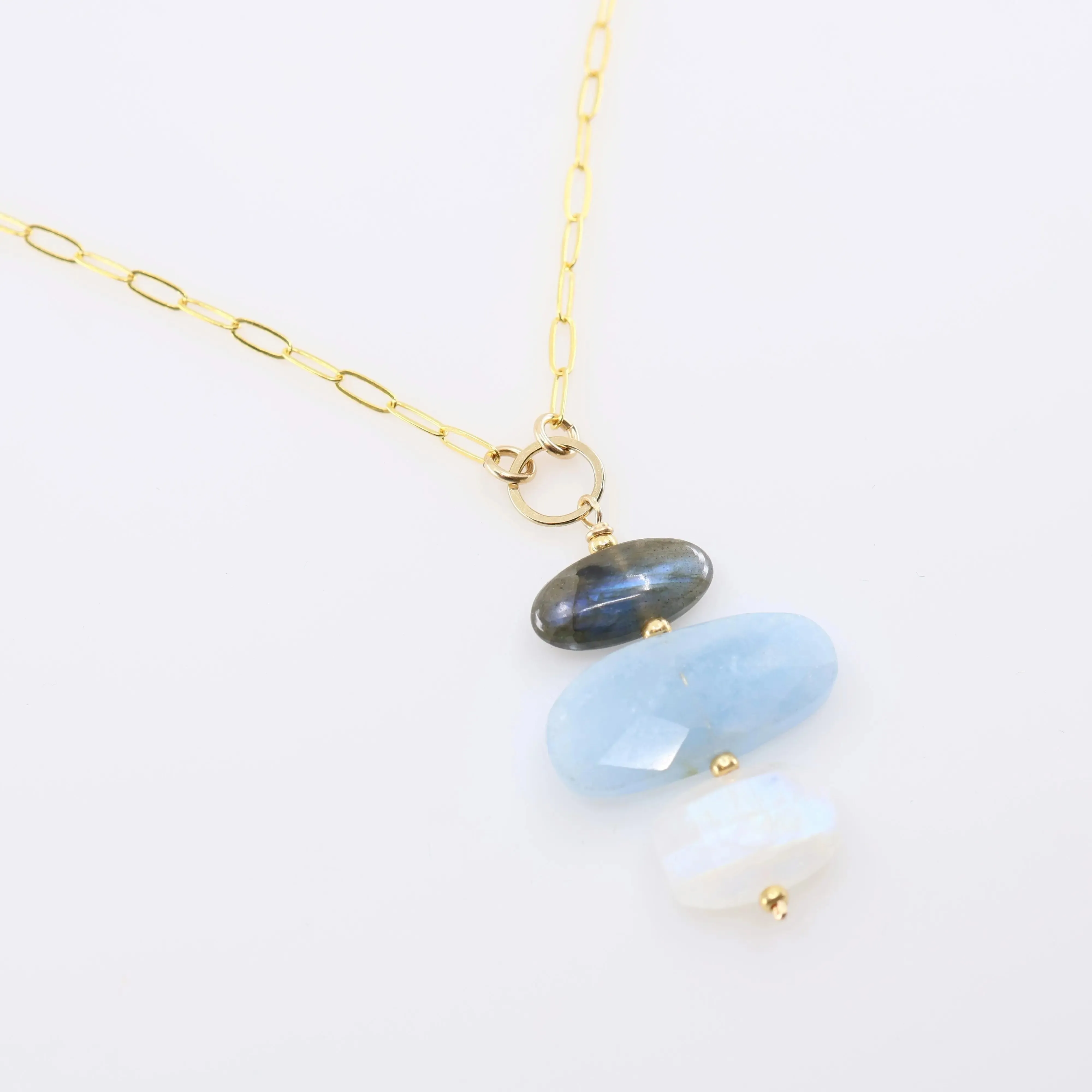 Milky Aquamarine, Rainbow Moonstone and Labradorite Pendant Necklace