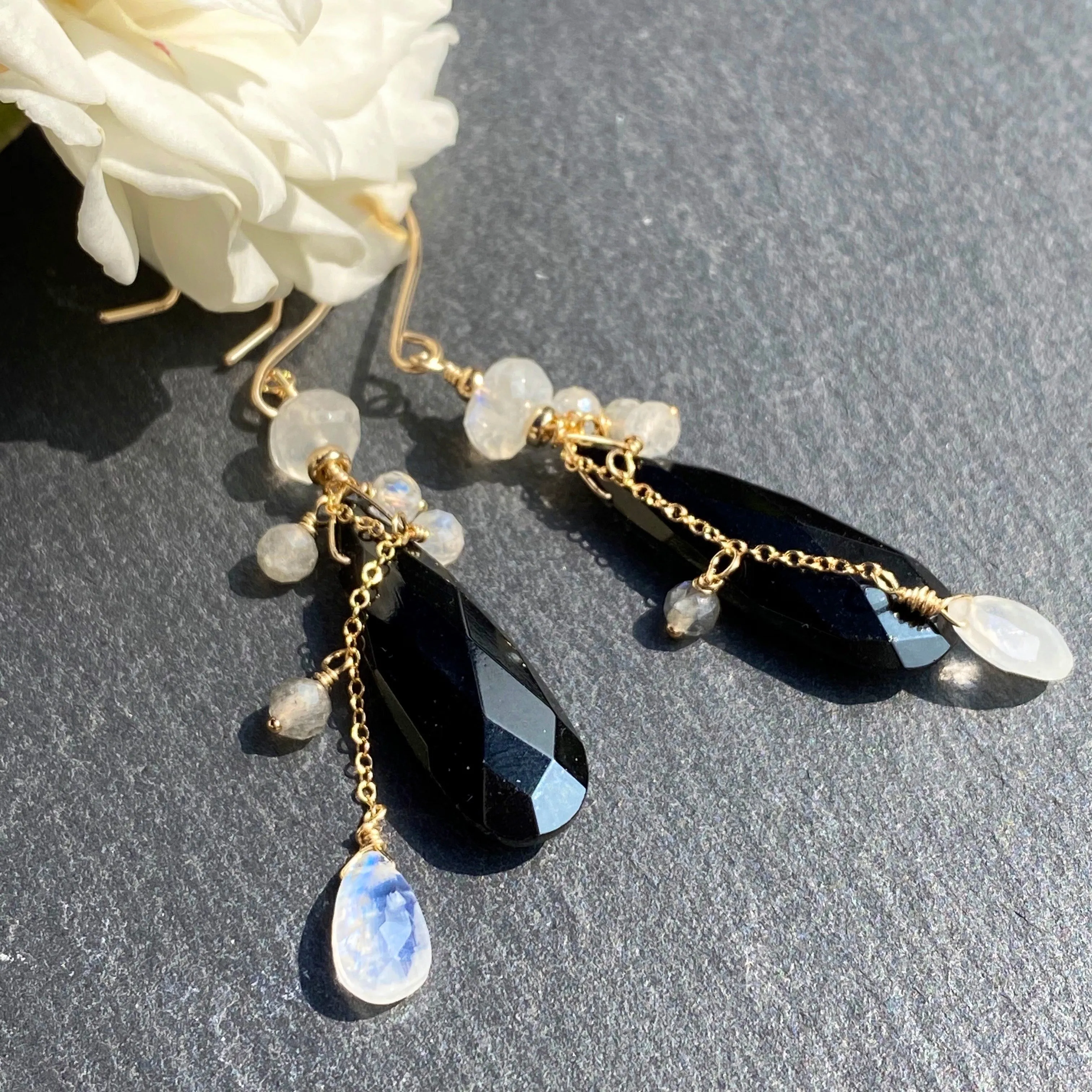 Moonlight Onyx & Moonstone Waterfall Earrings