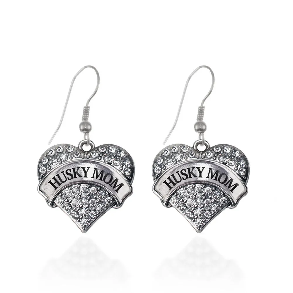 Silver Husky Mom Pave Heart Charm Dangle Earrings