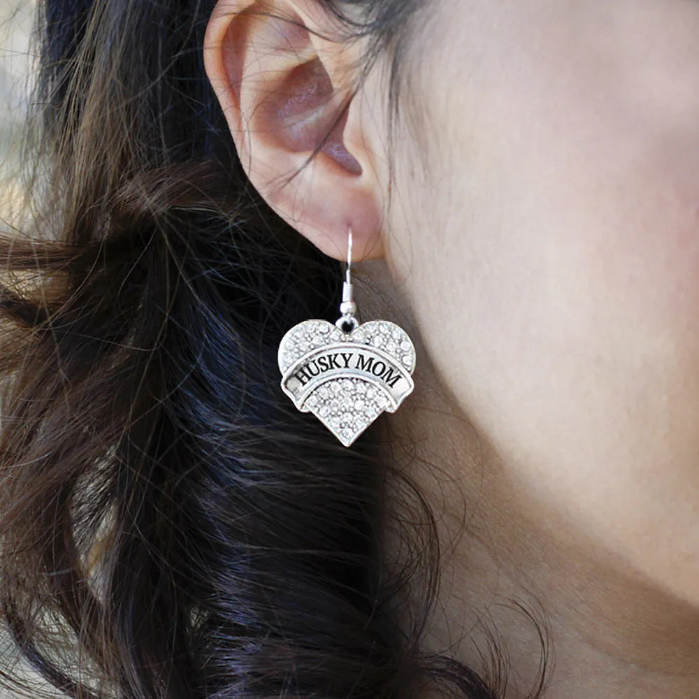Silver Husky Mom Pave Heart Charm Dangle Earrings