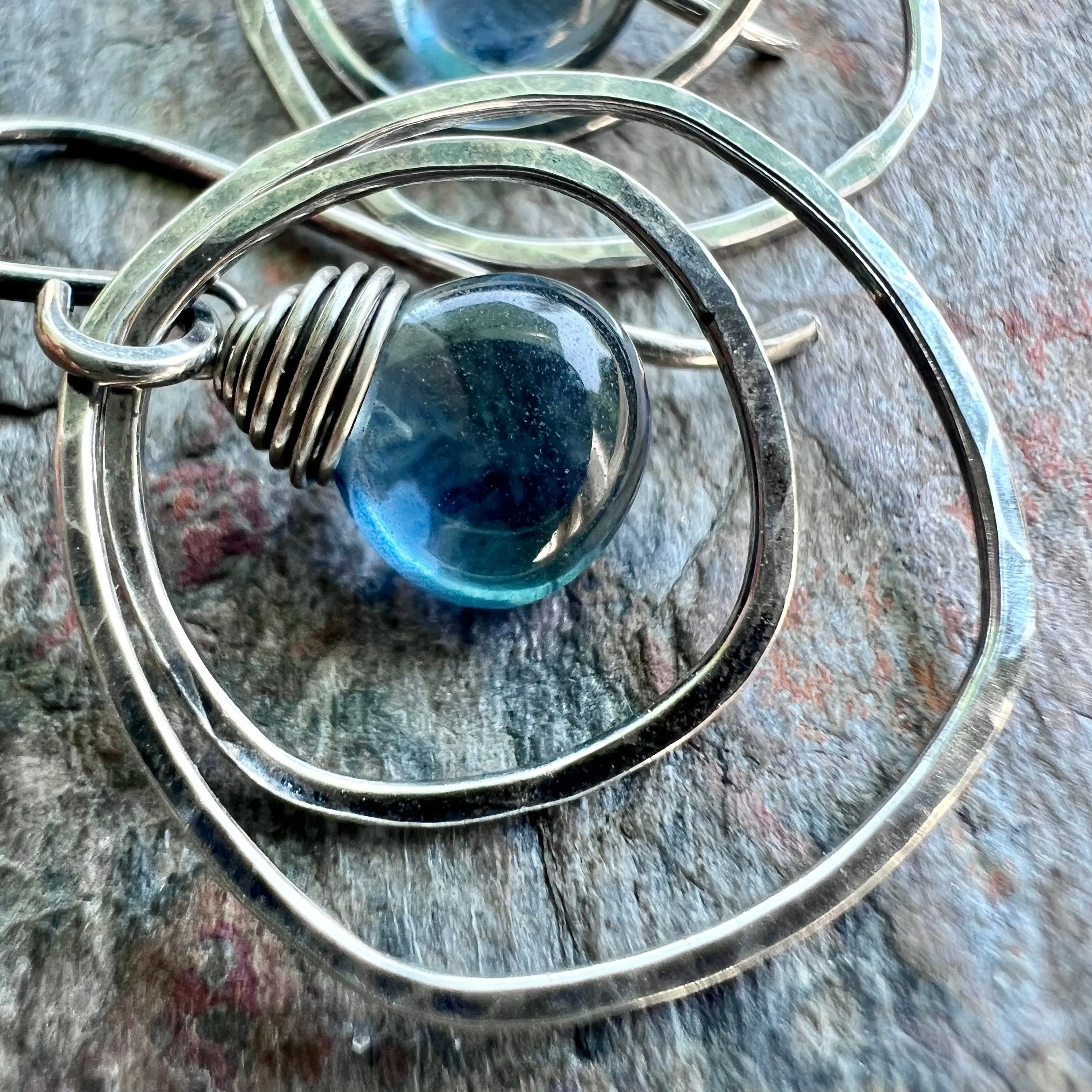 Sterling Silver Quartz Earrings - Blue Hydro Quartz in Hammered Silver