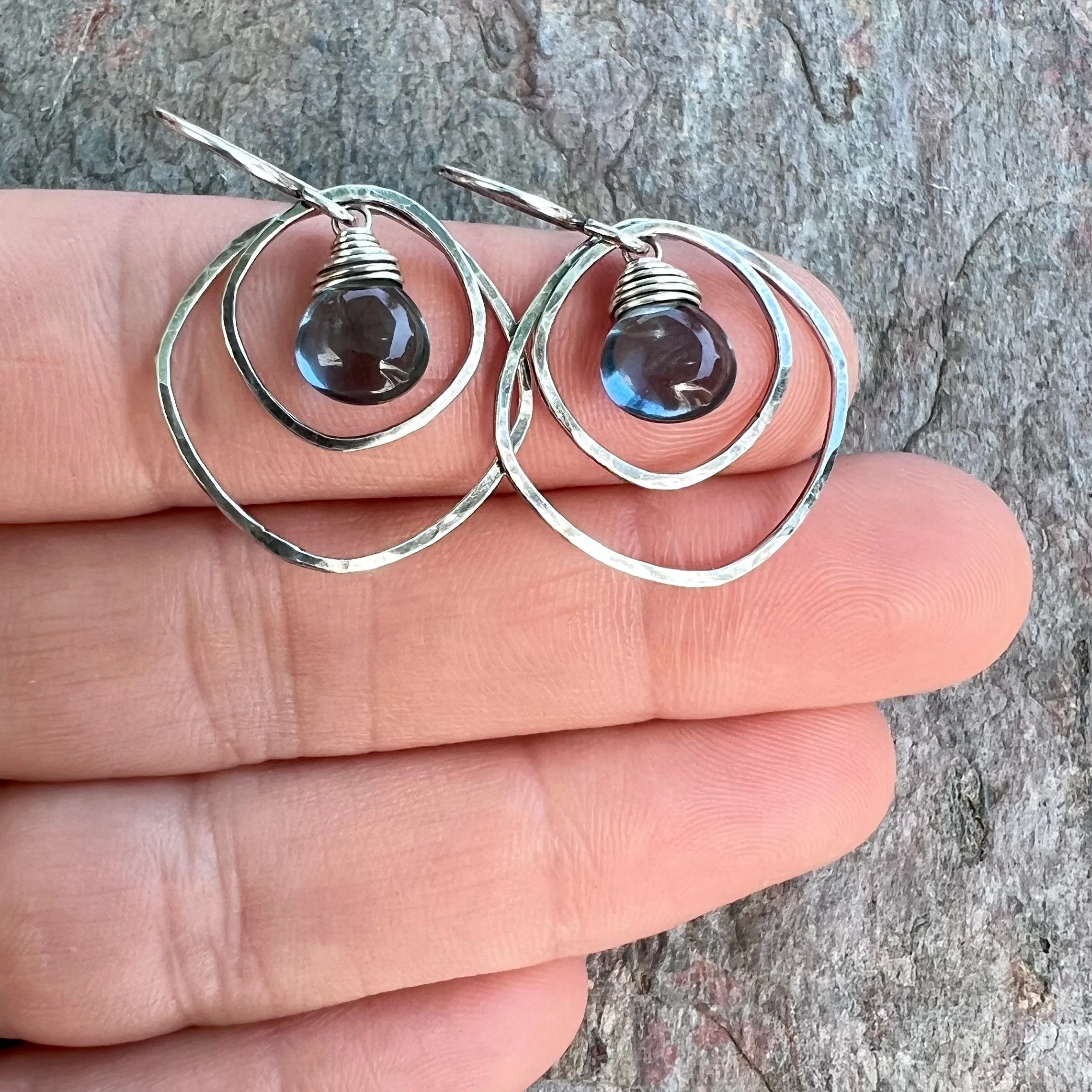 Sterling Silver Quartz Earrings - Blue Hydro Quartz in Hammered Silver