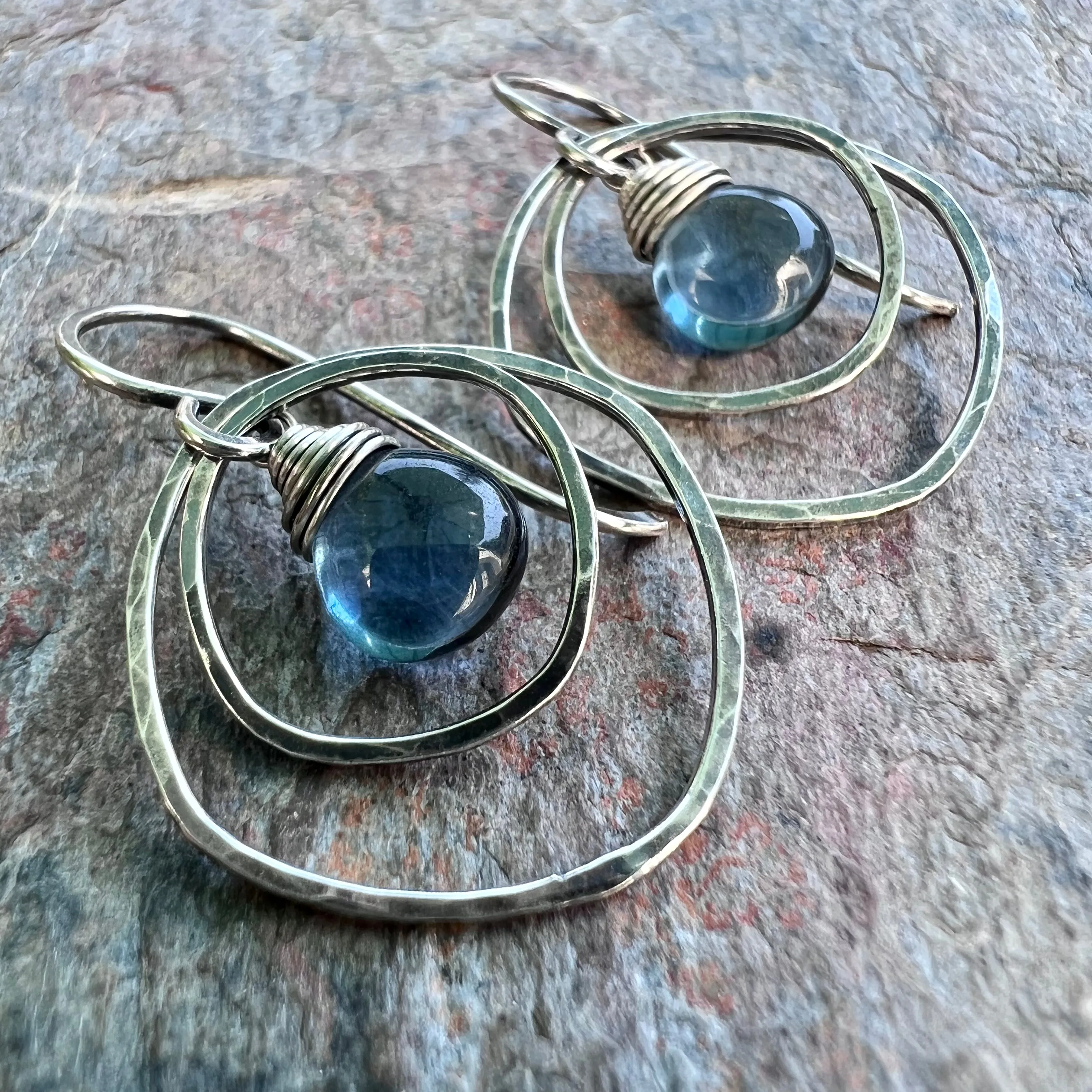 Sterling Silver Quartz Earrings - Blue Hydro Quartz in Hammered Silver