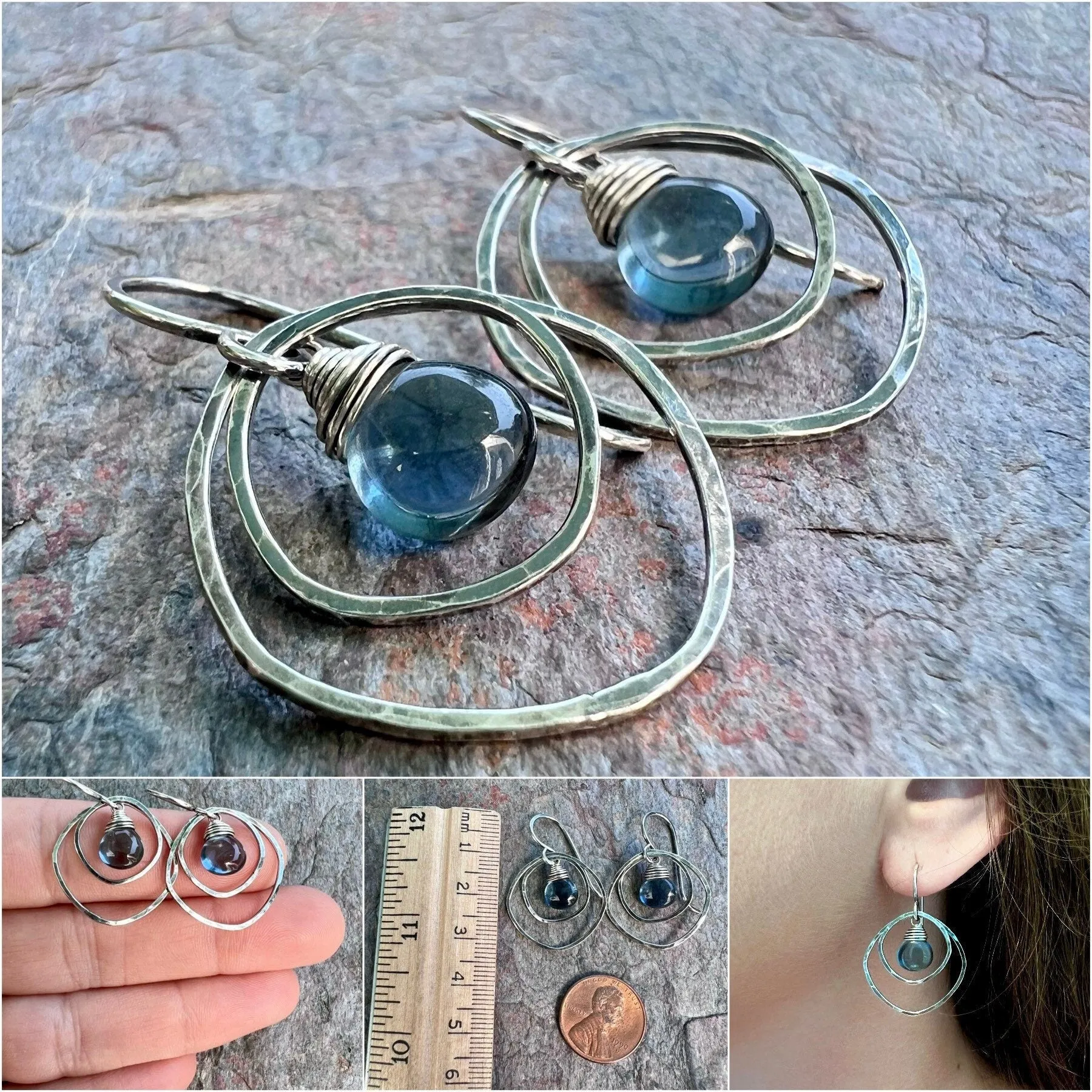 Sterling Silver Quartz Earrings - Blue Hydro Quartz in Hammered Silver