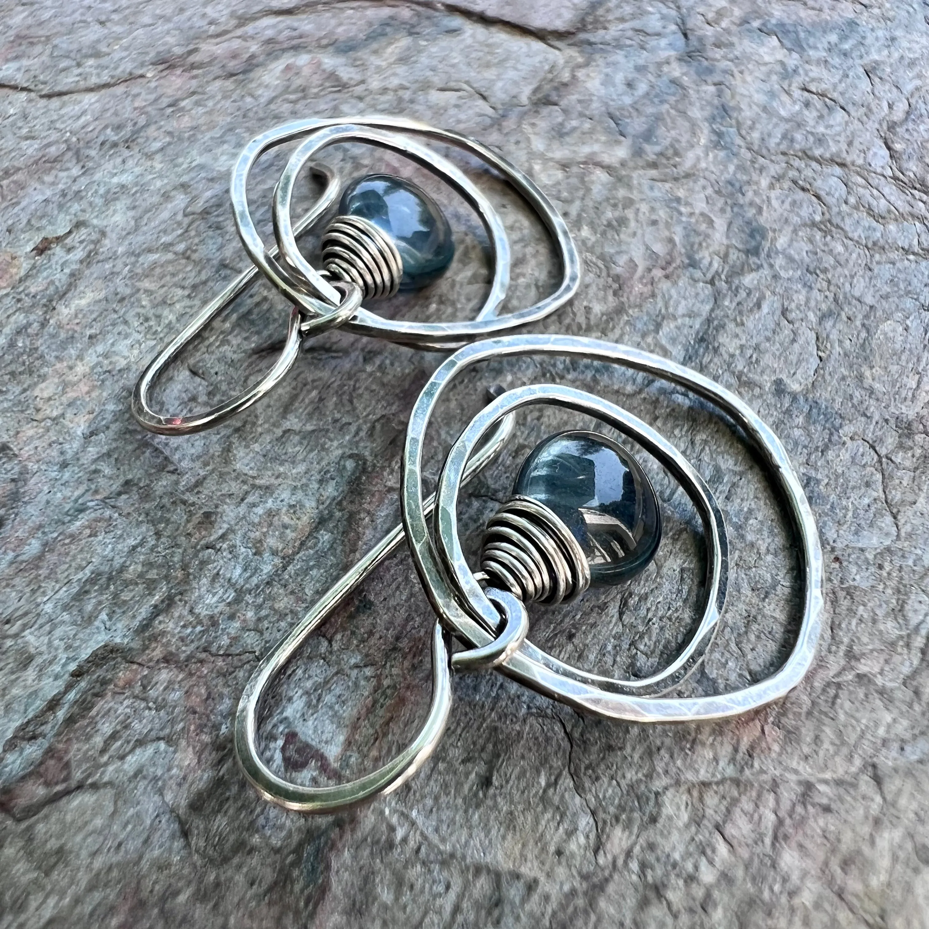 Sterling Silver Quartz Earrings - Blue Hydro Quartz in Hammered Silver