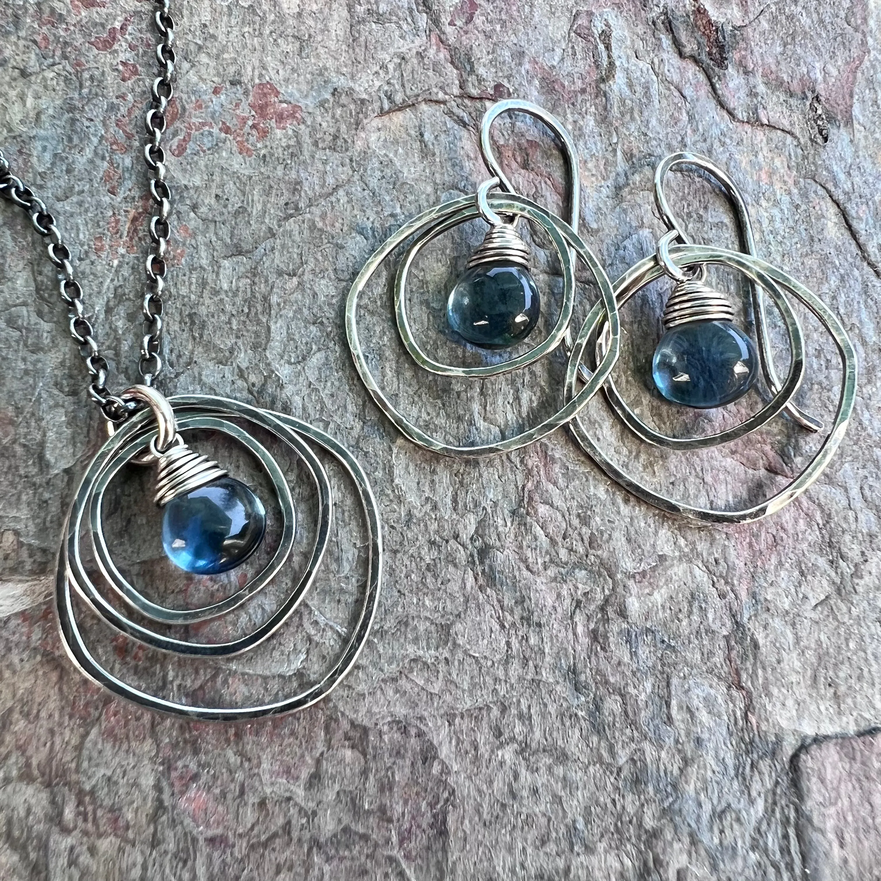 Sterling Silver Quartz Earrings - Blue Hydro Quartz in Hammered Silver