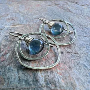 Sterling Silver Quartz Earrings - Blue Hydro Quartz in Hammered Silver