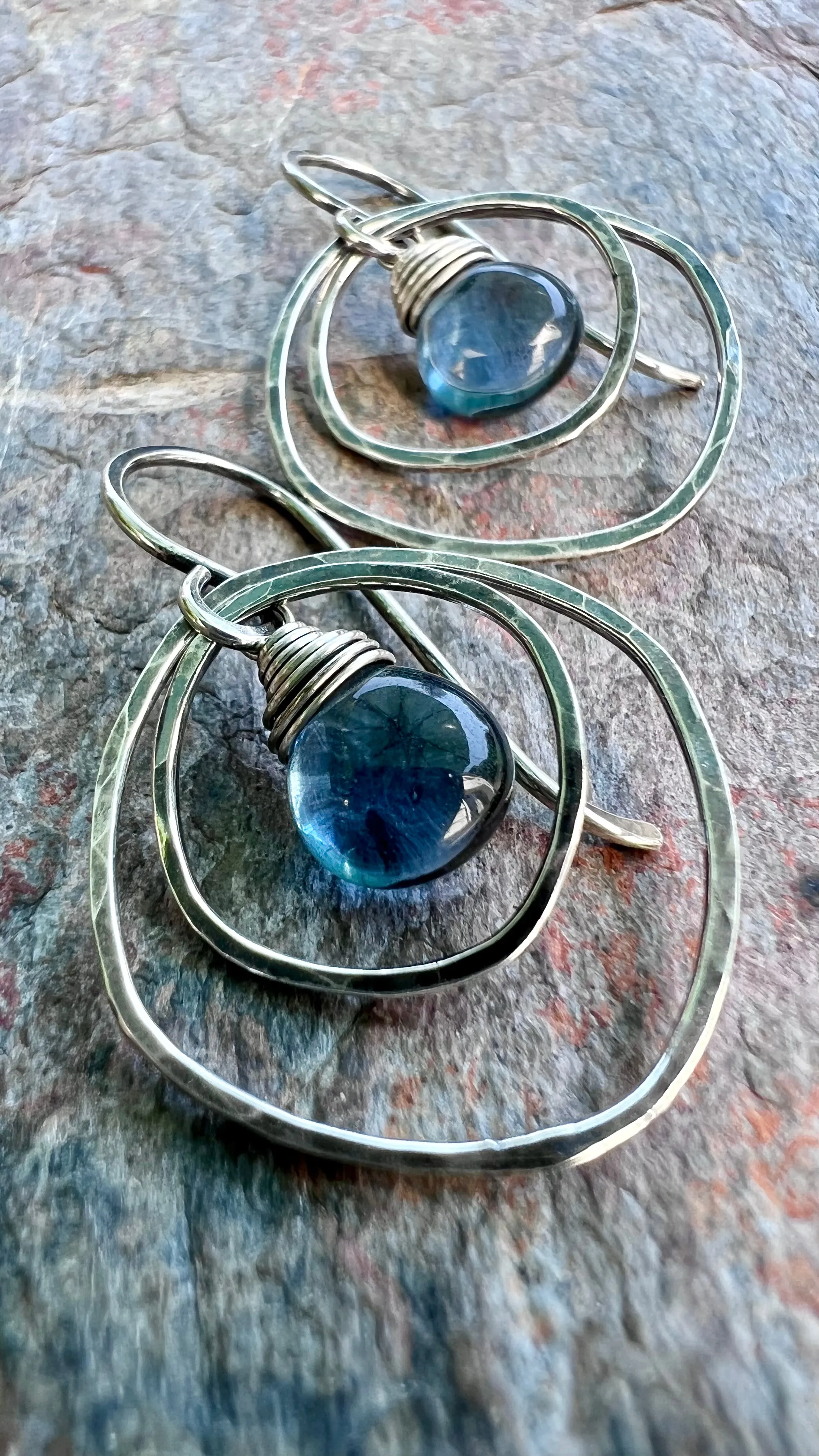 Sterling Silver Quartz Earrings - Blue Hydro Quartz in Hammered Silver