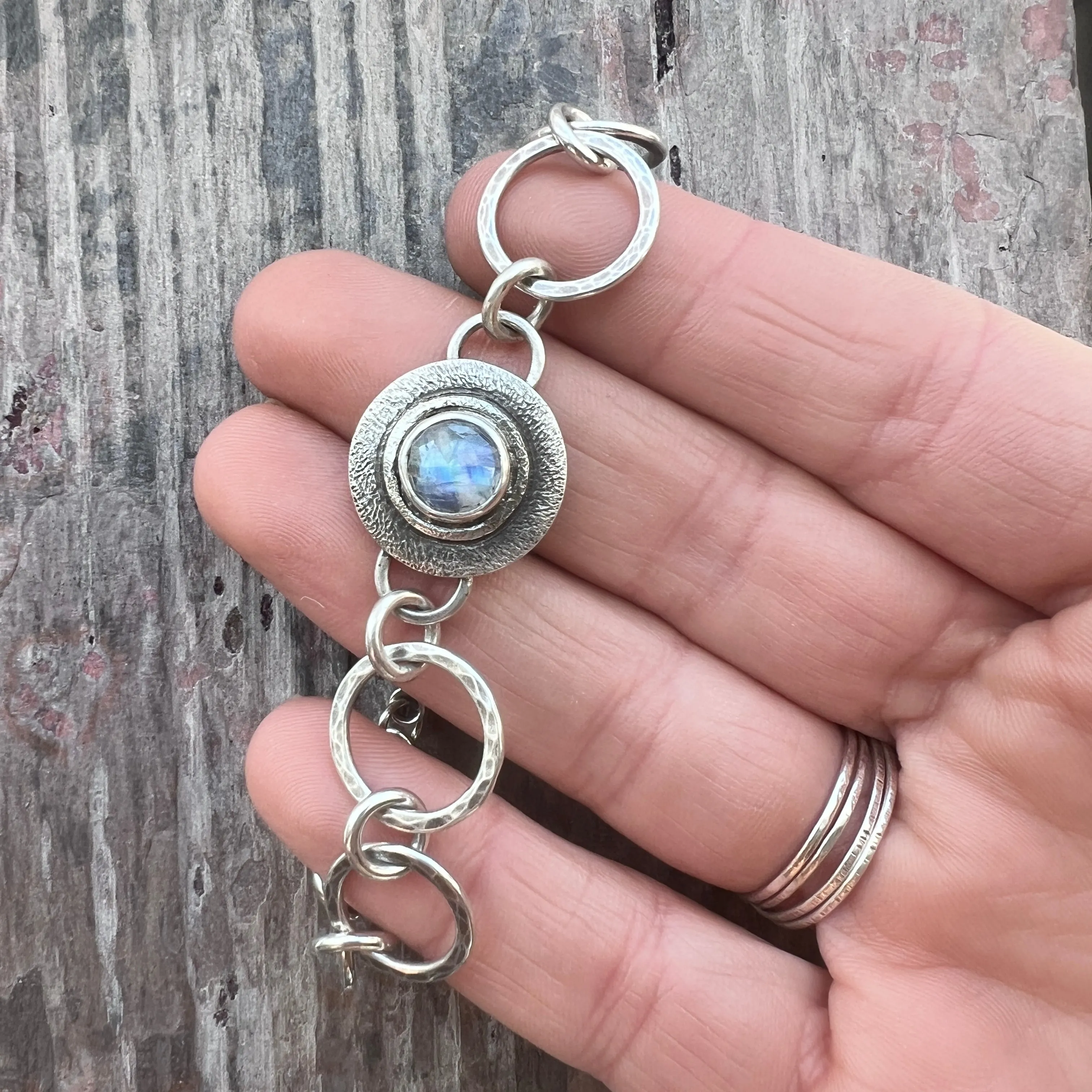Sterling Silver Rainbow Moonstone Bracelet | Natural Stone Hammered Silver Bracelet