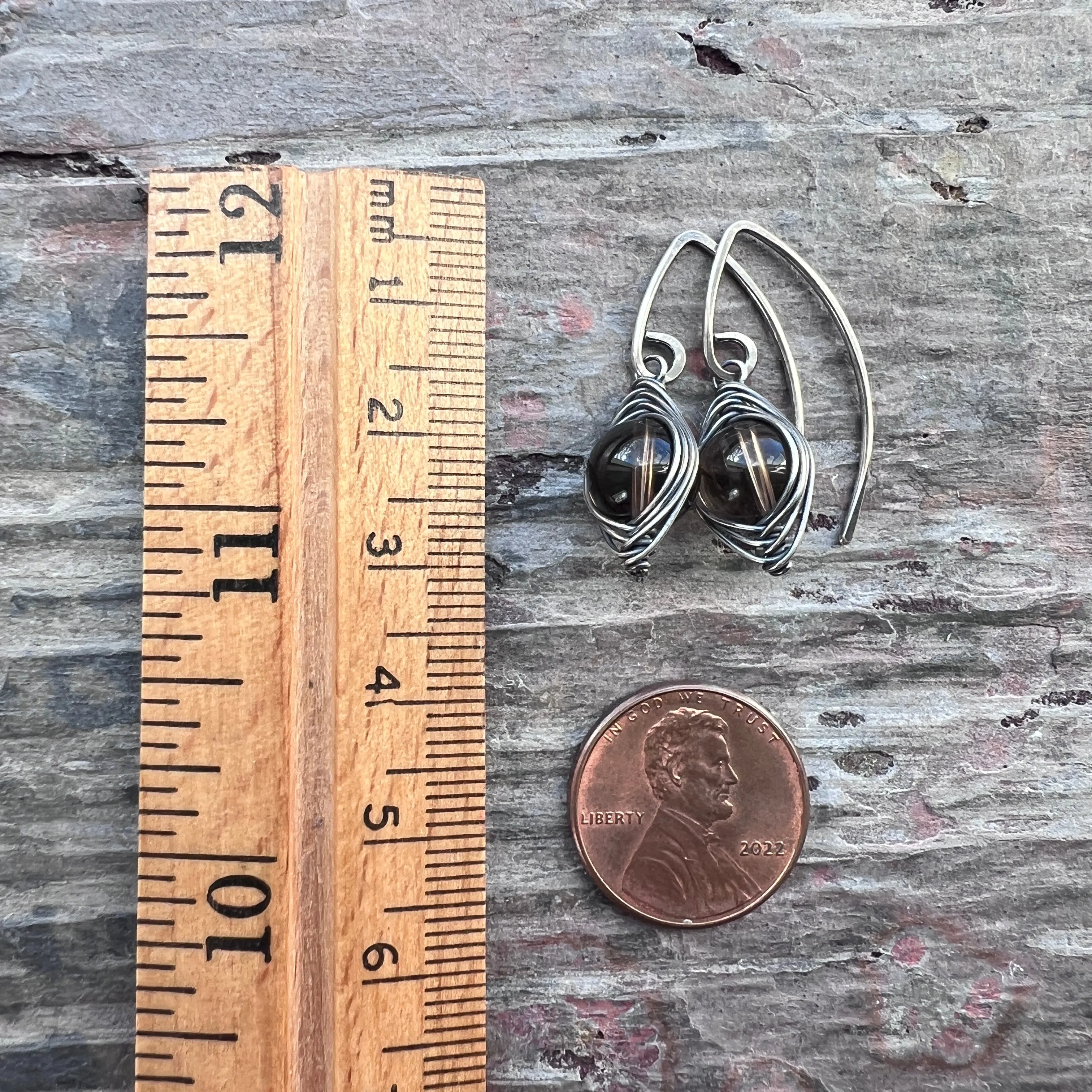 Sterling Silver Smoky Quartz Earrings | Brown Natural Stone Wire-wrapped Dangle Earrings