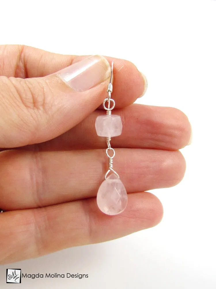 The Feminine Gold (or Silver) And Rose Quartz Dangle Earrings