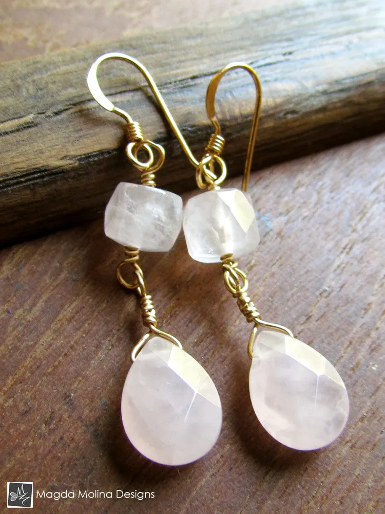 The Feminine Gold (or Silver) And Rose Quartz Dangle Earrings