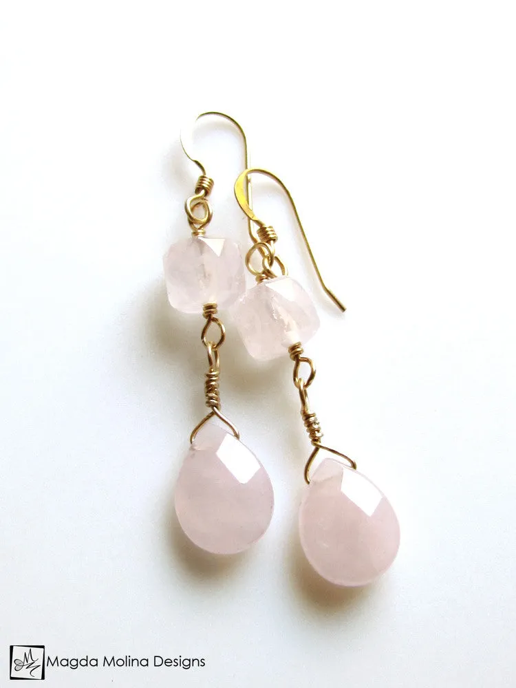 The Feminine Gold (or Silver) And Rose Quartz Dangle Earrings