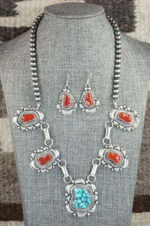 Turquoise, Coral & Sterling Silver Necklace and Earrings Set - Tom Lewis