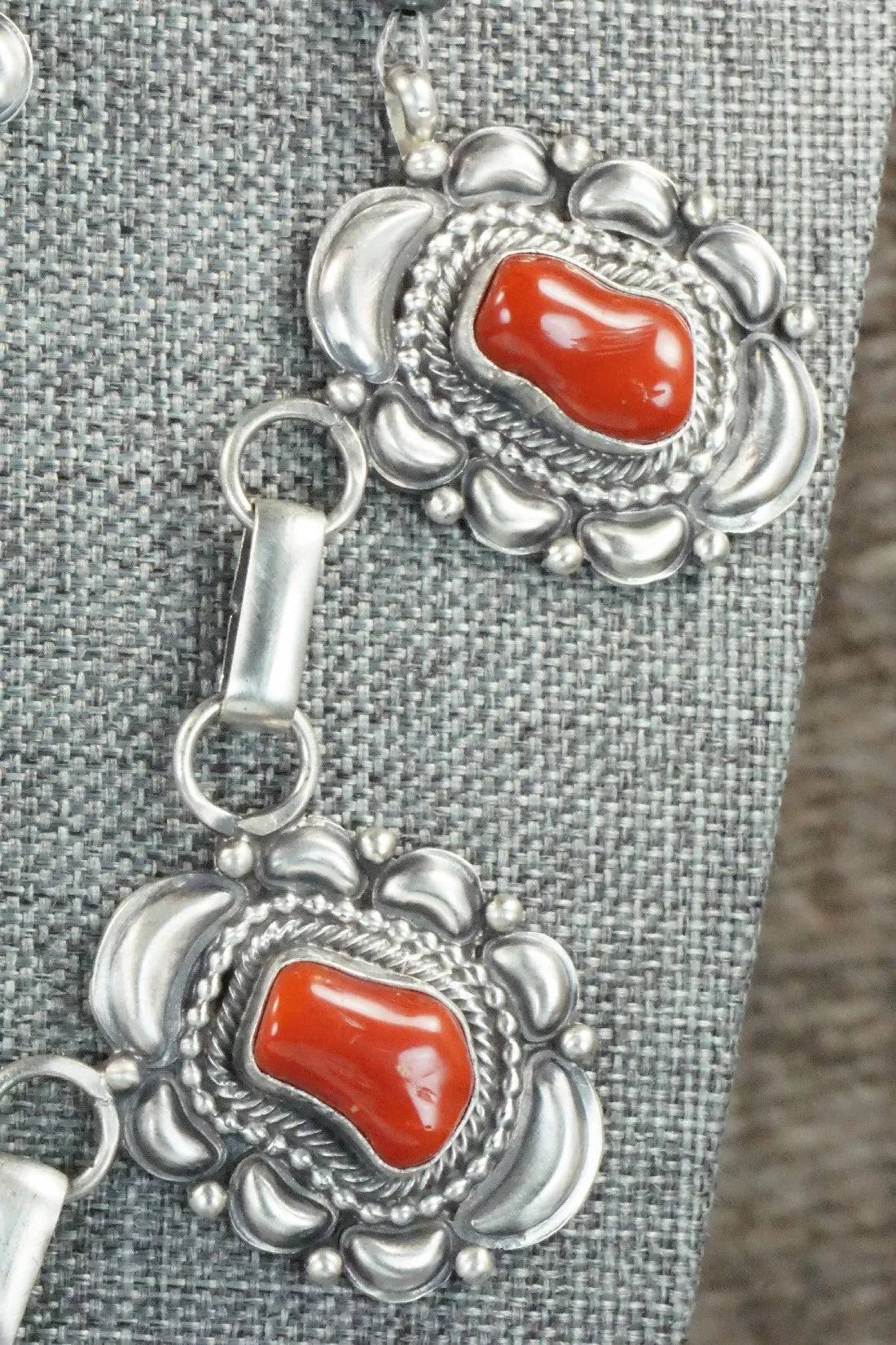 Turquoise, Coral & Sterling Silver Necklace and Earrings Set - Tom Lewis
