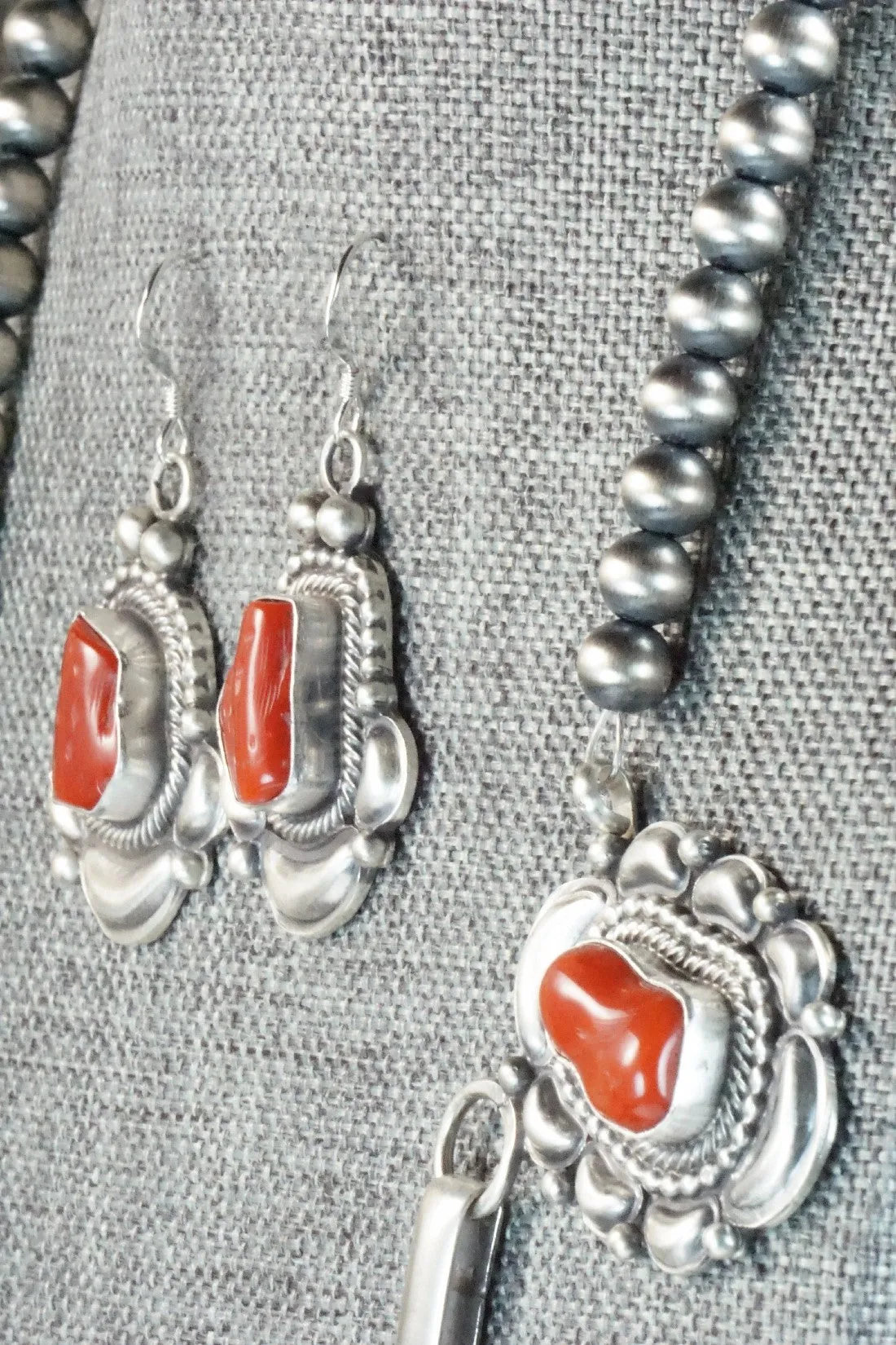 Turquoise, Coral & Sterling Silver Necklace and Earrings Set - Tom Lewis