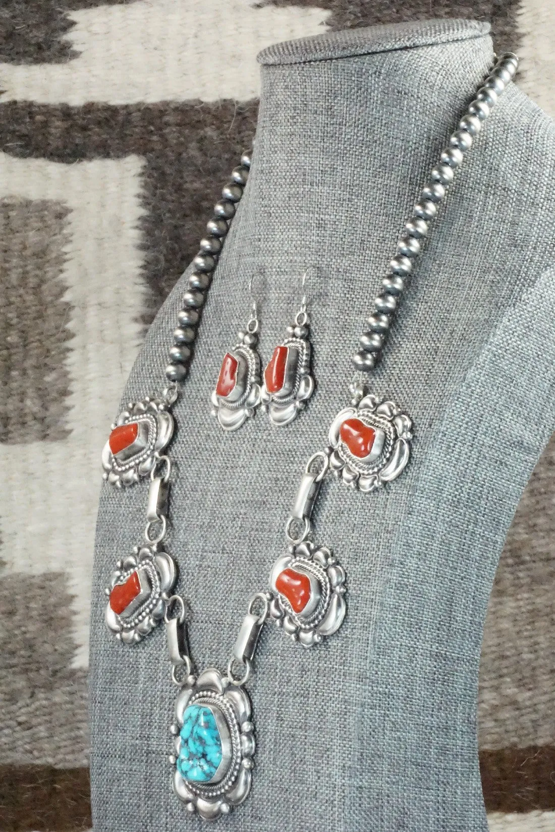 Turquoise, Coral & Sterling Silver Necklace and Earrings Set - Tom Lewis
