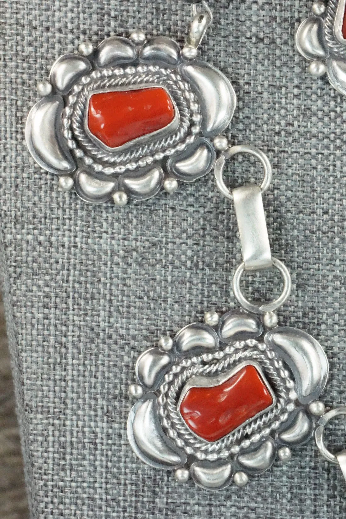 Turquoise, Coral & Sterling Silver Necklace and Earrings Set - Tom Lewis